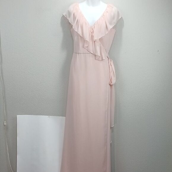 Ceremony by Joanna August Lola Blush Pink Ruffle Chiffon Wrap maxi Dress sz L - Picture 3 of 15